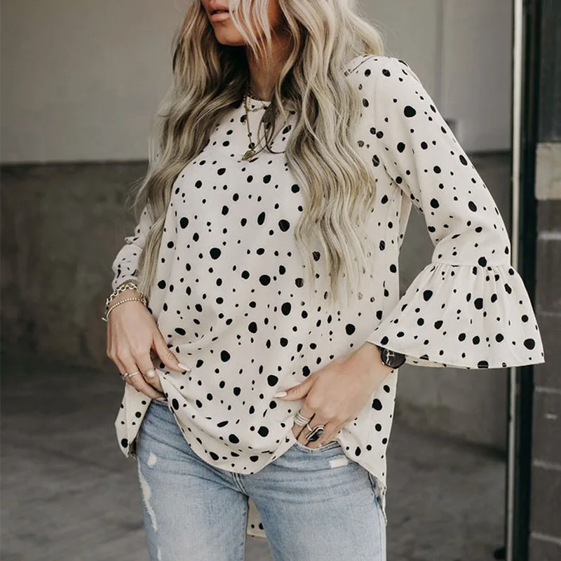 

New Spring Autumn Women Chiffon Shirt Polka dot printing Flared sleeves Shirt Loose 2XL Top 2021 Fall Womens Clothing Fashion
