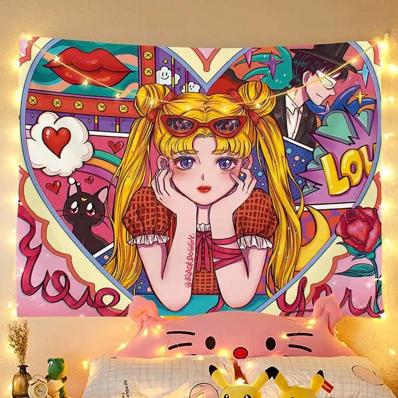 

Retro Sailor Moon Wall Cloth Girls Bedroom Bedside Background Cloth Rental Room Renovation Dormitory Wall Cloth Ins Tapestry
