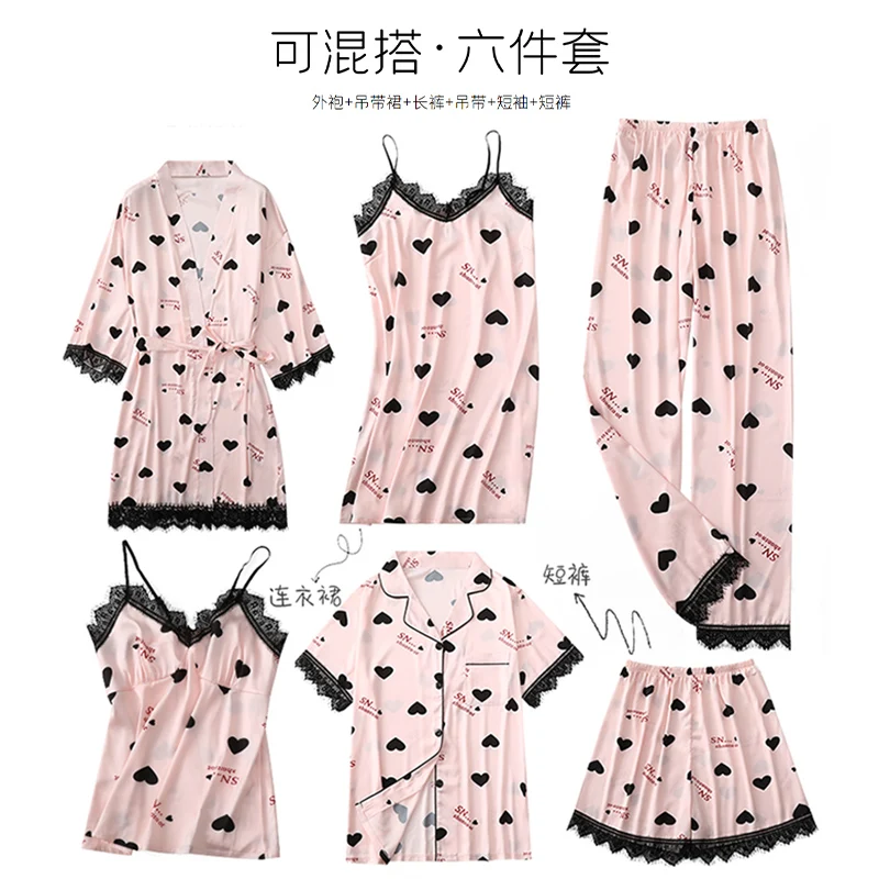 Pajamas Womens Spring and Autumn Ice Silk Peach Heart Long Sleeve Spaghetti Strap Nightgown Sexy Internet Hot Short Sleeve