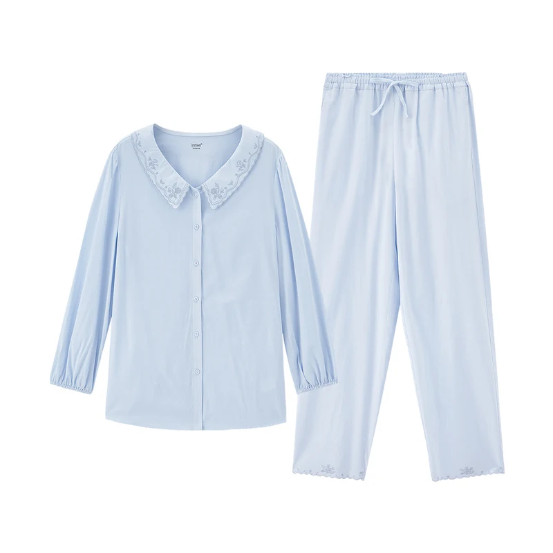 

INMAN Spring Autumn Home Wear Sweet Baby Collar Pajamas 2-Pieces Set Outing Leisure Women's Shirt and Pants