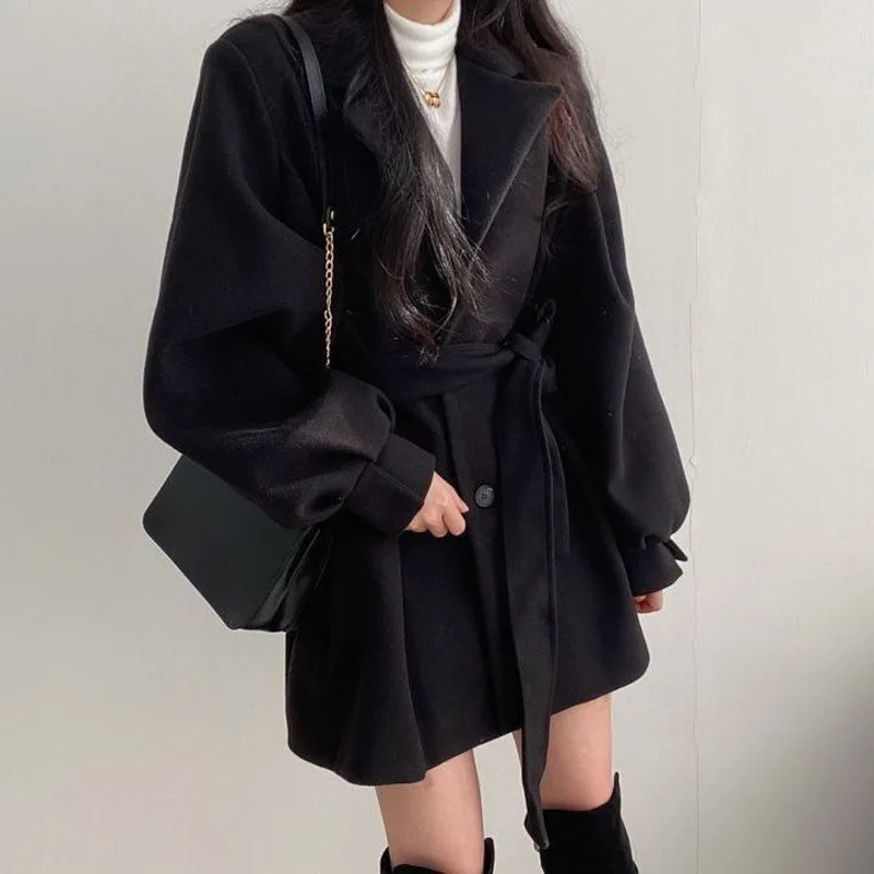 Женское шерстяное пальто с поясом Черное длинное пальто-Тренч на пуговицах