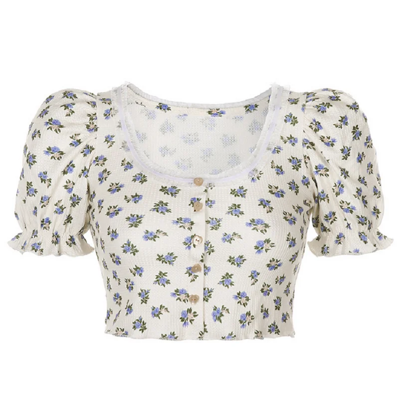 

Women Floral Print Casual T-shirts Pullover Short Sleeve Summer Crop Top Slim Female Sexy Tees Harajuku Tops