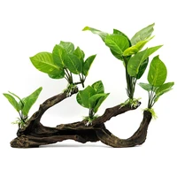 aquarium decor artificial driftwood branch with plastic plant fish tank decorations aquatic underwater green leaves for freshwat