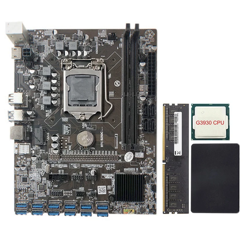 

B250C Mining Motherboard with G3930 CPU+SATA SSD 128G+DDR4 8G 2666Mhz RAM 12XPCIE to USB3.0 Graphics Card Slot for BTC