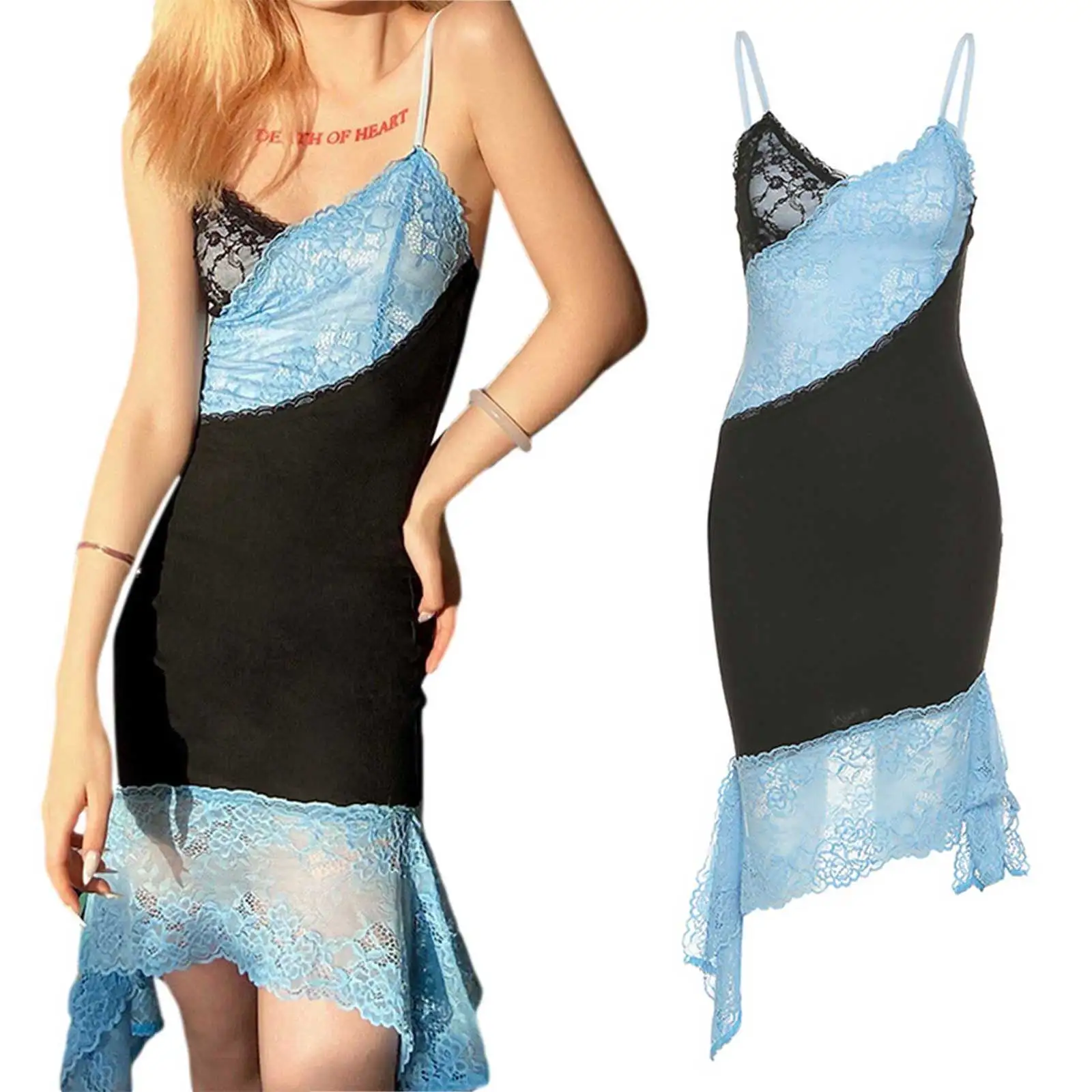 

Женское сексуальное платье на лямках, средней длины платье с разной длиной подола; Контрастный Цвет в обтяжку с открытой спиной летнее плат...