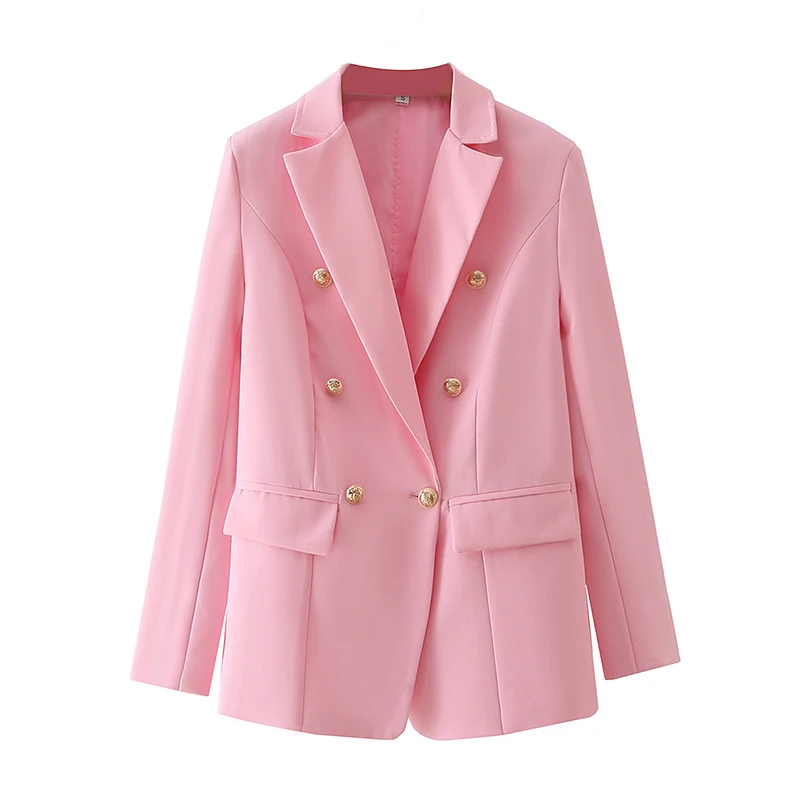 

YENKYE New Women Double Breasted Pink Blazer Mujer Vintage Notched Collar Office Ladies Suit Jacket Autumn Outerwear Chic Tops