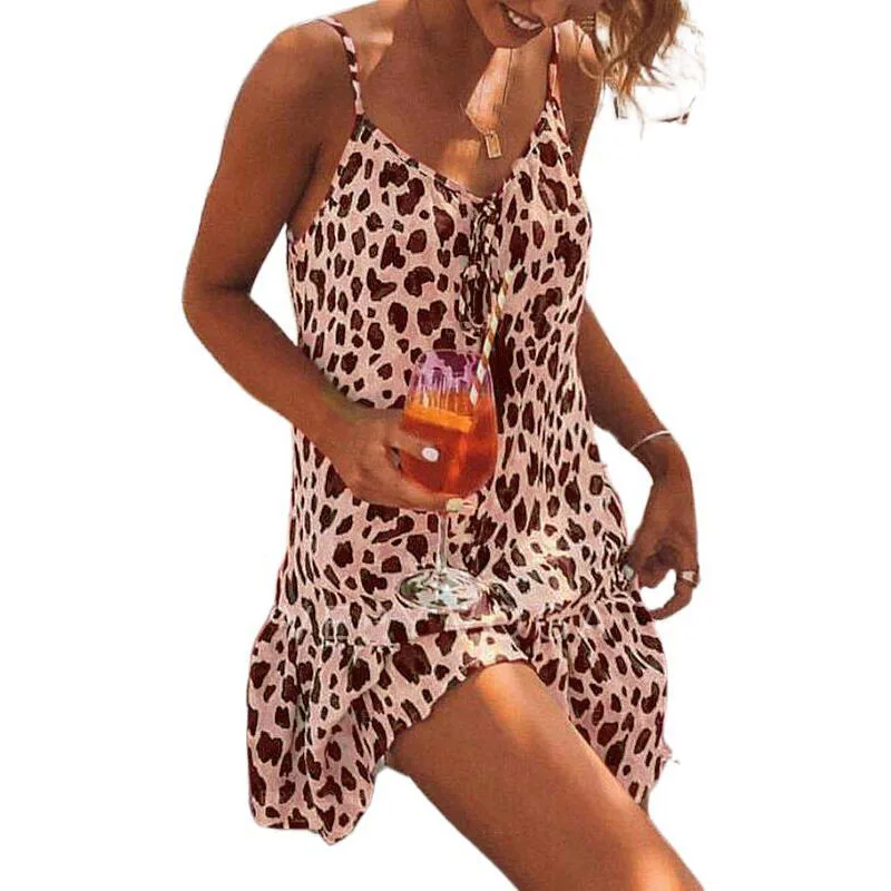 

Sexy Spaghetti Strap Leopard Print Beach Short Robe Woman Dress 2021 Summer Loose Casual Boho Party Dresses Plus Size Vestidos