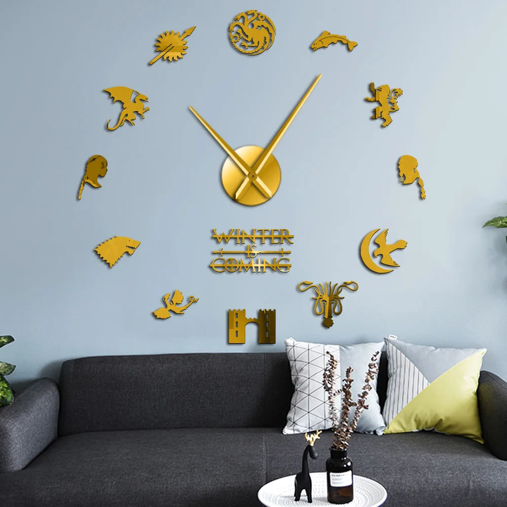 

Medieval Fantasy House Stark Motto House Words Mirror Stickers Wall Art DIY Large Wall Clock Home Decor Big Needles Wall Watch