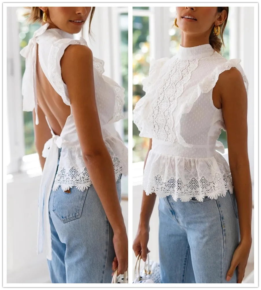 Женская кружевная блузка без рукавов белая облегающая с открытой спиной и