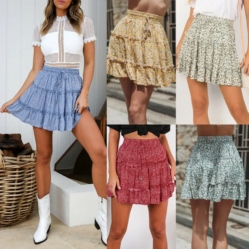Женская юбка с высокой талией и оборками Пляжная короткая цветочным принтом