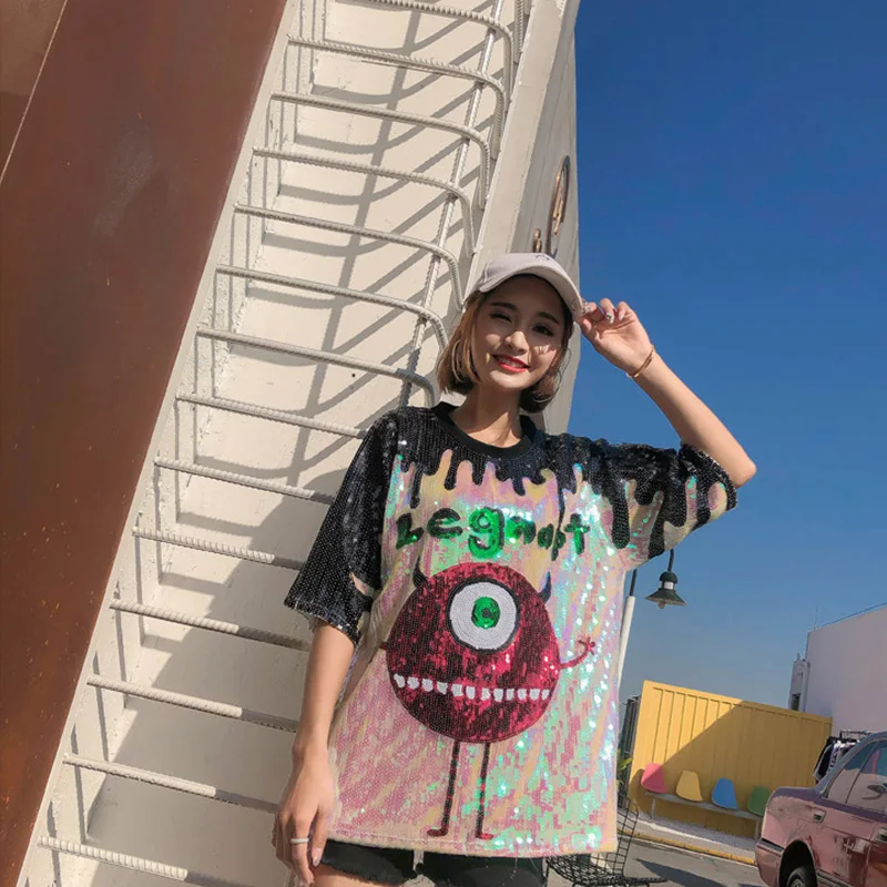 2019 Лето Письмо мультфильм футболка с пайетками Женская мода o образным вырезом
