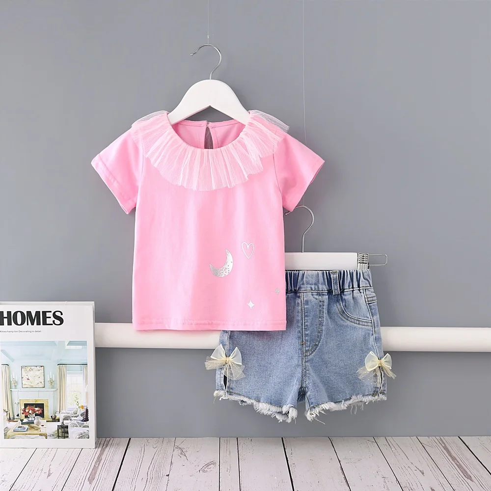 

Midoo Girls Sets Children's Clothing Cute Letters Mesh O-Neck Tops T-Shirts + Bows Denim Shorts Casual Summer Kids Clothes