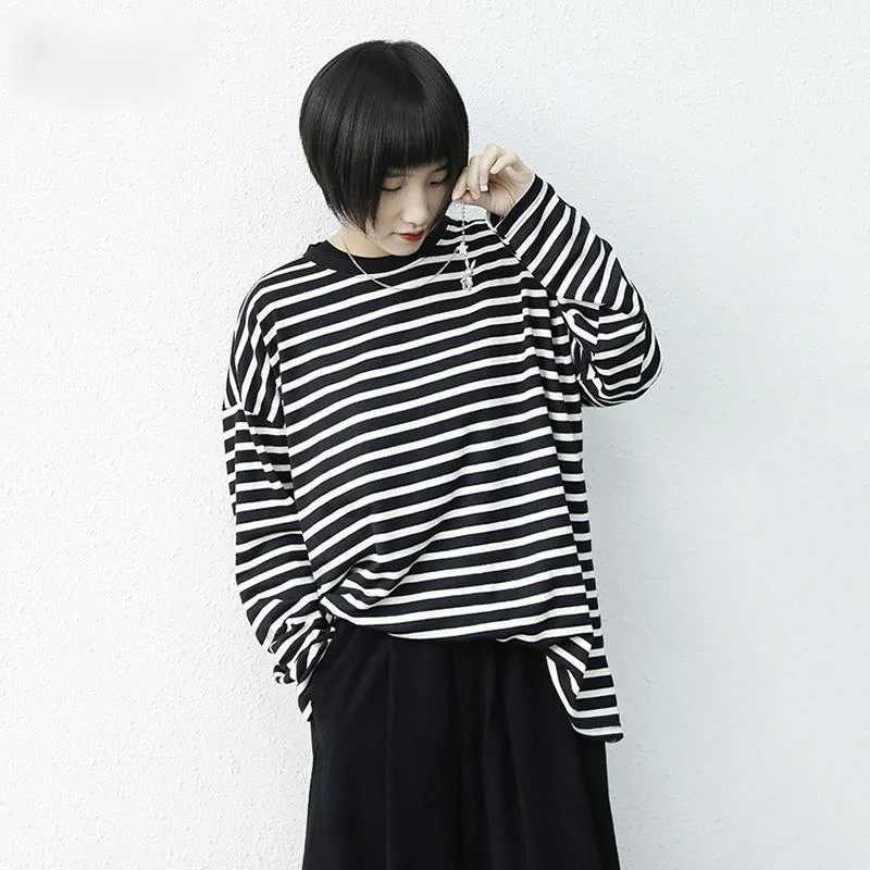 

Женская длинная футболка в полоску, черно-белая футболка большого размера с круглым вырезом и длинным рукавом, весна-осень 2021