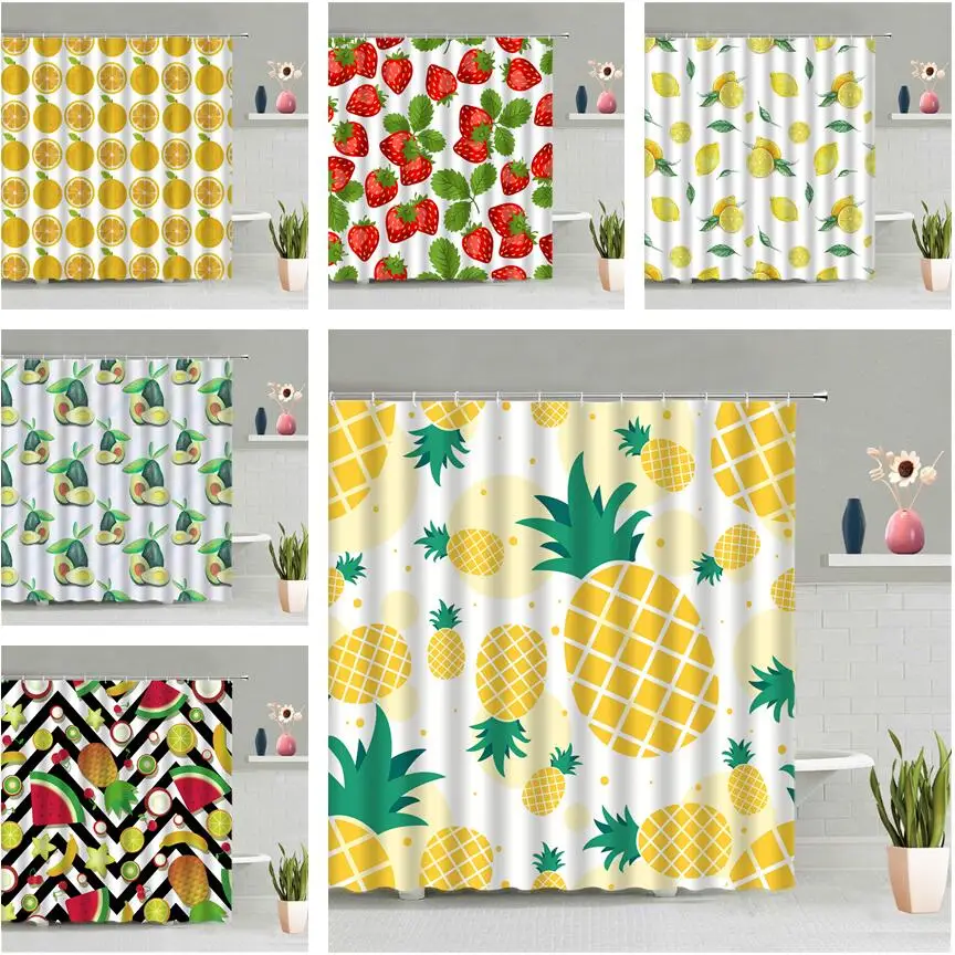 

Cartoon Pineapple Shower Curtain Tropic Fruit Lemon Strawberry Avocado Child Bathroom Hanging Curtains Screen Fabric Home Decor