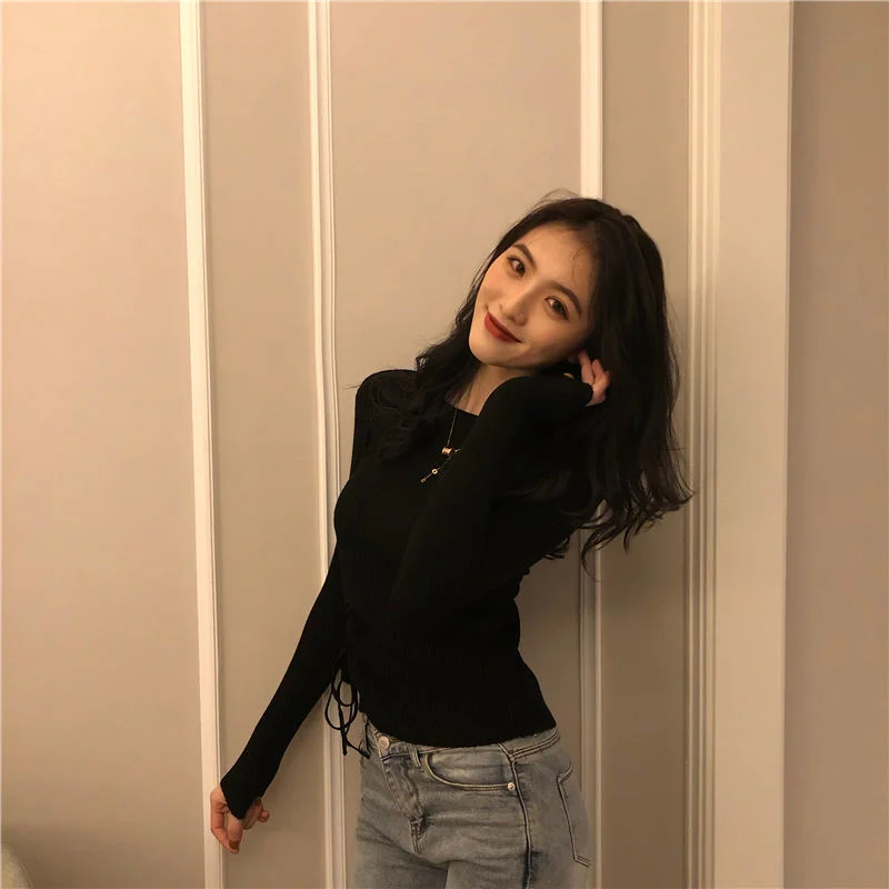 

2021 Spring and Autumn New Knitted Shirt Women's Sweater Round Neck Long Sleeve Tight Drawstring Fashion