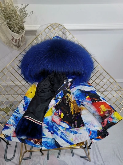 Blue Blue Fur Детская зимняя куртка с отделкой из меха, пальто для мальчиков и девочек утепленное пальто из меха кролика с граффити, Детская меховая куртка для девочек, TZ147 - Цвет: Blue Blue Fur