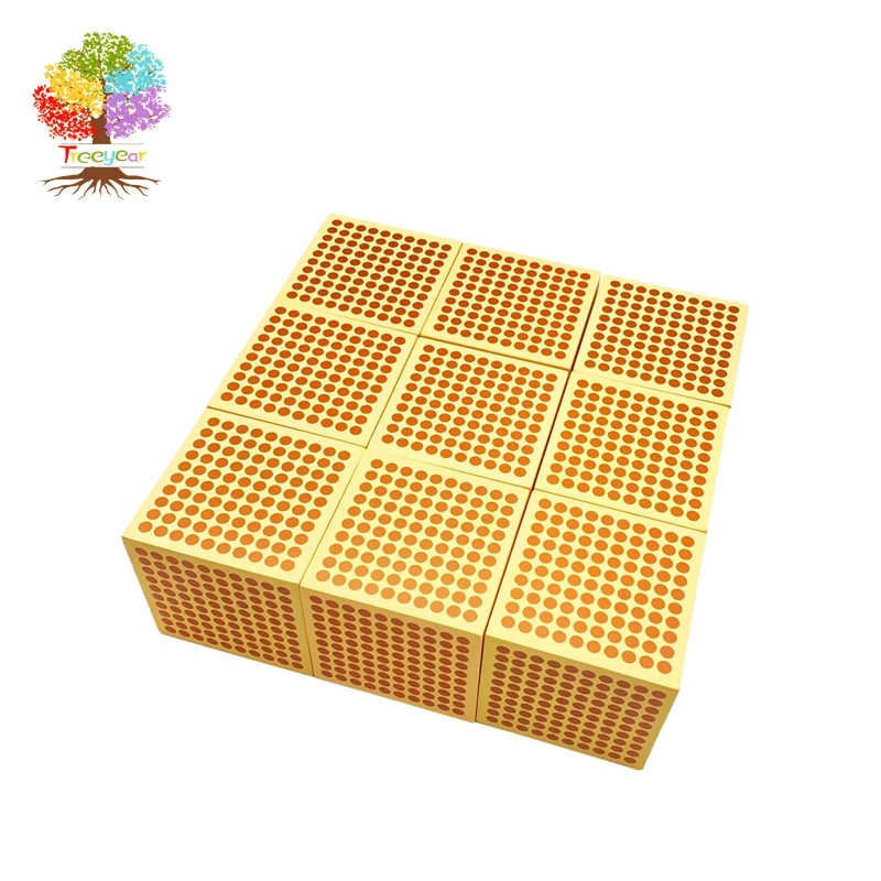 Treeyear Montessori Math Materials 9 Wooden Thousand Cubes, 45 Wooden Hundred Squares for Preschool Early Learning Tool
