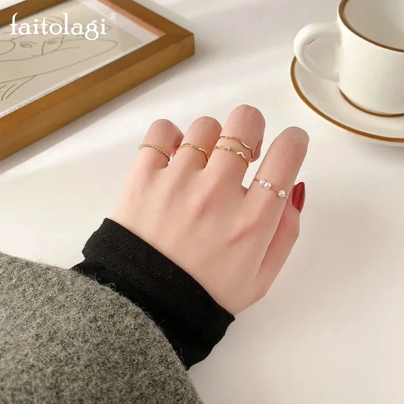 

5 Pcs Simulated Pearl Wave Rings Set Simple Geometric Beads Circle Finger Ring Trendy Joint Rings For Women Jewelry Gift