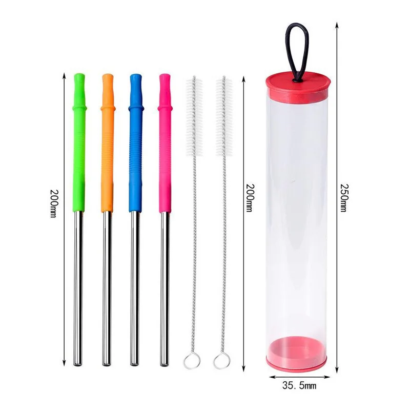 

50set/lot Reusable Stainless Steel Straws With Silicone Tips with Clean Brush & Round box Wedding Party Healthy Straw