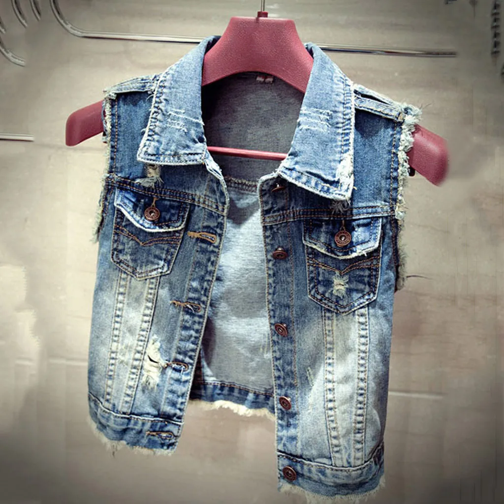 Короткая джинсовая куртка для женщин модная без рукавов большого размера на