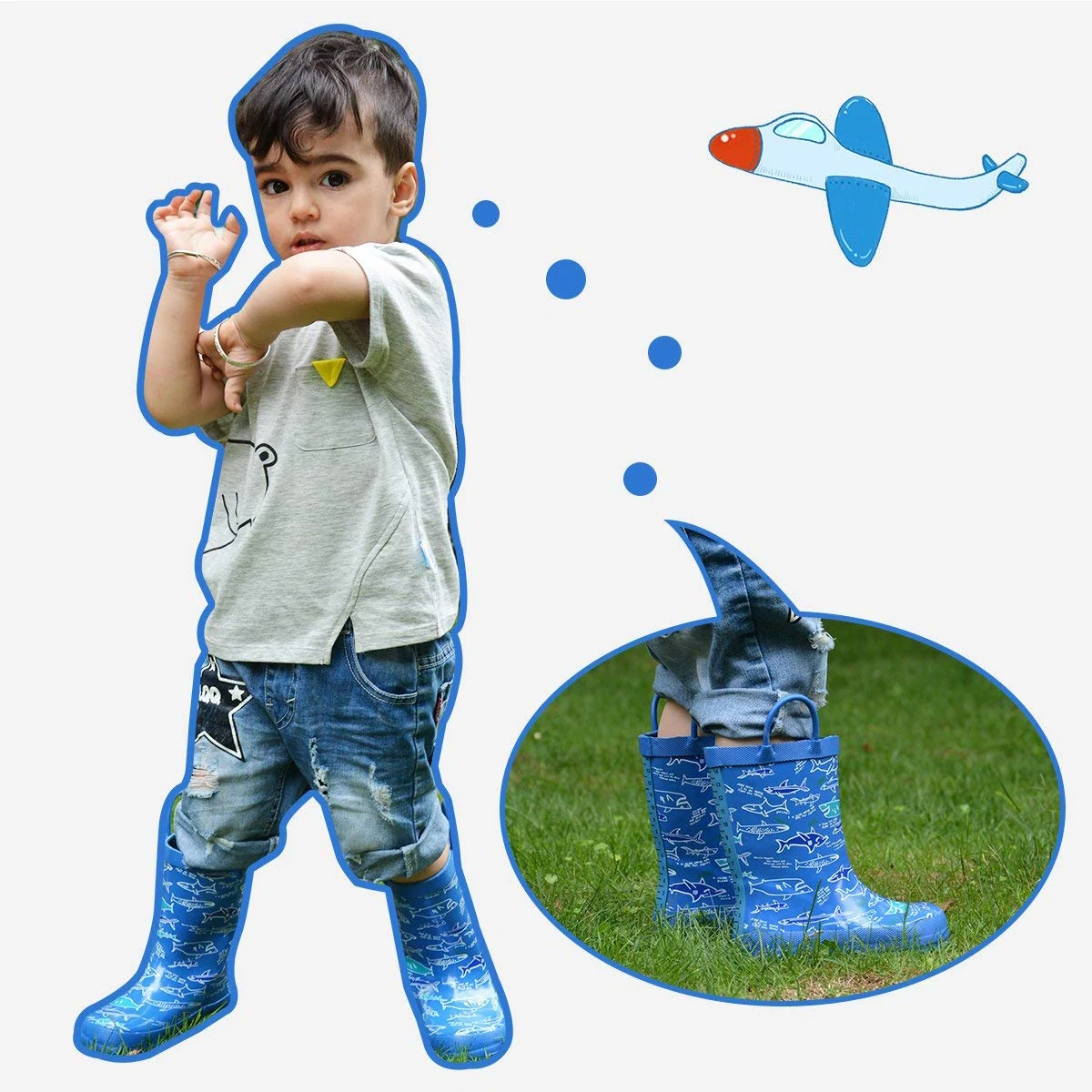 Kushyshoo Kids Boy Rain Boots Waterproof Rubber Printed with Handles Children Cute Sharks Kid Shoes | Детская одежда и обувь
