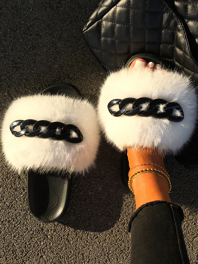 

Female Faux Fur Slides Metal Leaves Decor Sandals Platform Flip Flop Plush Cozy Slippers Luxury Designer Shoes 2021