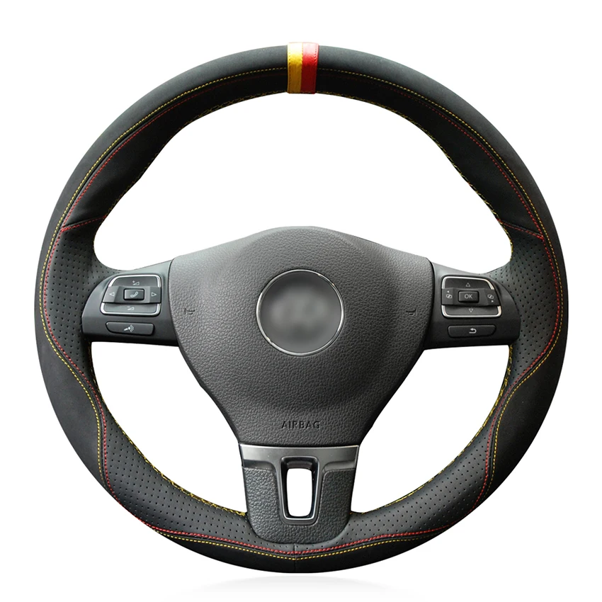 Сшитый вручную черный натуральная кожа Замша Чехол рулевого колеса автомобиля