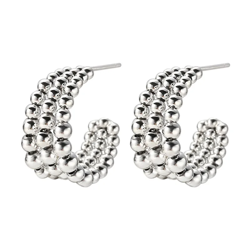 Kinel Real S925 Sterling Silver Earrings Three Layer Round Beads C Shape Earring Retro Style For Women Silver Earring Fine Jewel