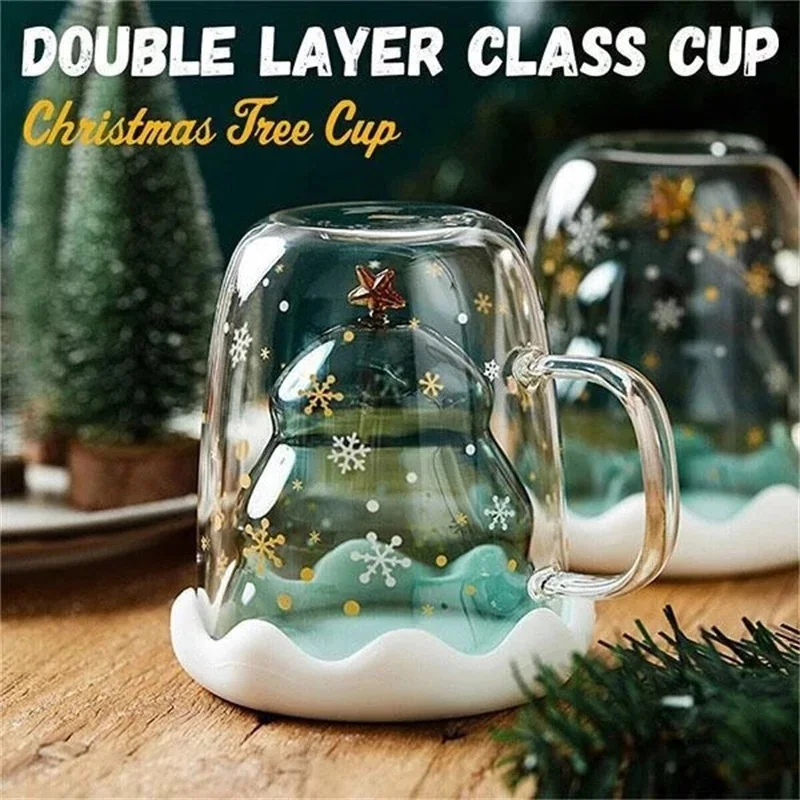 

Christamas Tree Glass Cup Double Walled Glass Snowflake Anti-scalding Insulated Coffee Mugs Tea Drinks Gifting Cup PUO88