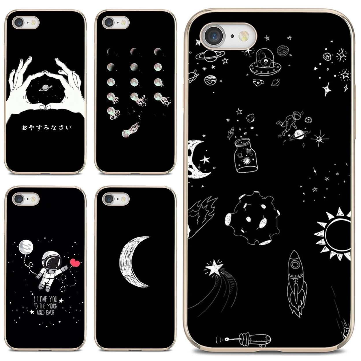 

Phone Case For iPhone 10 11 12 13 Mini Pro 4S 5S SE 5C 6 6S 7 8 X XR XS Plus Max 2020 black white moon stars space astronaut