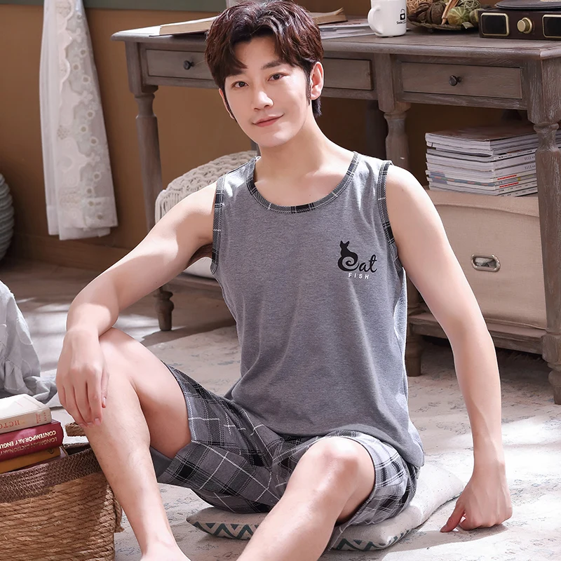 Мужская пижама из 100% хлопка Серая майка + клетчатые шорты пижамный комплект для