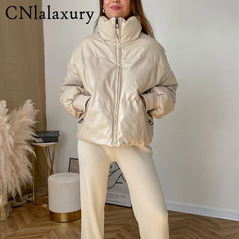 

CNlalaxury 2022Winter Thick Warm Parkas Women Fashion PU Leather Coat Women Elegant Zipper Cotton Jackets Female Ladies Outwear