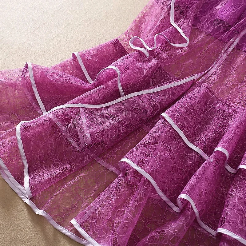 

AELESEEN Designer Fashion Purple Lace Dress 2021 New Arrival Women Off Shoulder Cascading Ruffles Hollow Out Christmas Dress