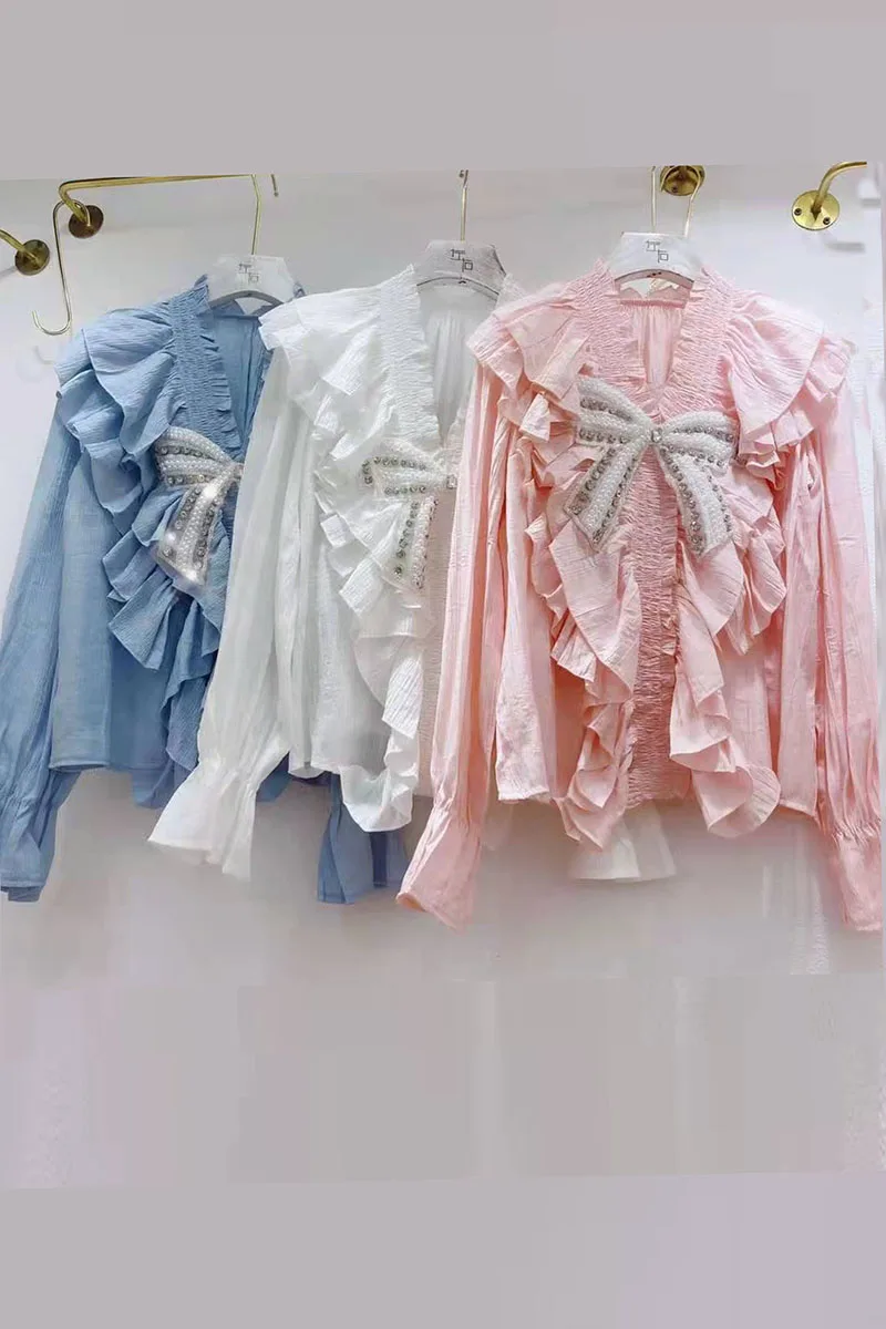 

2021 V-neck Lace Ruffles Patchwork Loose Long Flare Sleeve Pullover Top Beads Rhinestones Bow Fairy Shirt for Women