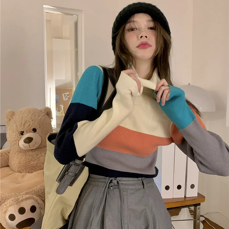 Пуловер Woherb в радужную полоску с воротником-хомутом женский корейский шикарный