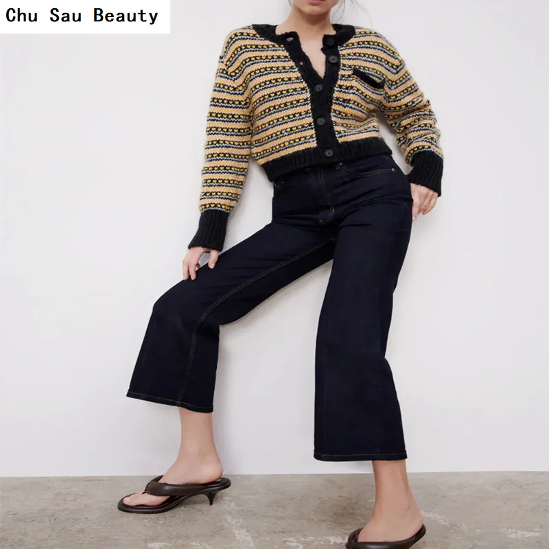 

2021 ZA New Women's Jacquard Knitted Jacket Sweater Autumn/Winter Fashion Single-Breasted Slim Soft And Elegant Tops