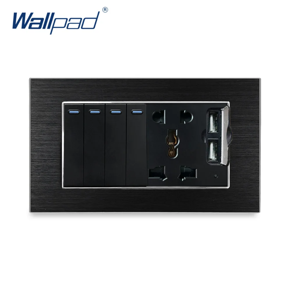 

4 Gang 2 Way Switch With 5 Pin Socket 2 USB Charger Wallpad Luxury Wall Outlet Satin Metal Panel 146*86mm 5V 2400MA