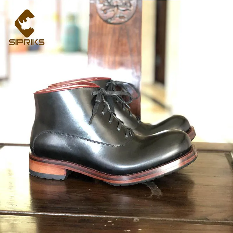 Sipriks Handmade Goodyear Welt Shoes Mens Calf Leather Ankle Boots Black Male Cowboy Boot High Top Lace Up Big Round Toe | Обувь