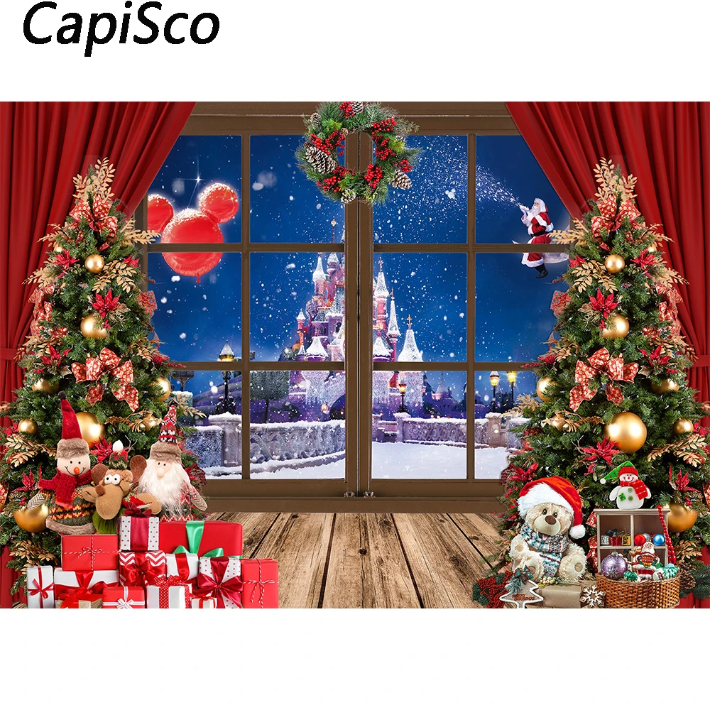 

Capisco Christmas Backdrop for Photography Winter Snow Xmas Window Tree Castle Background Holiday Photobooth Photo Studio Props