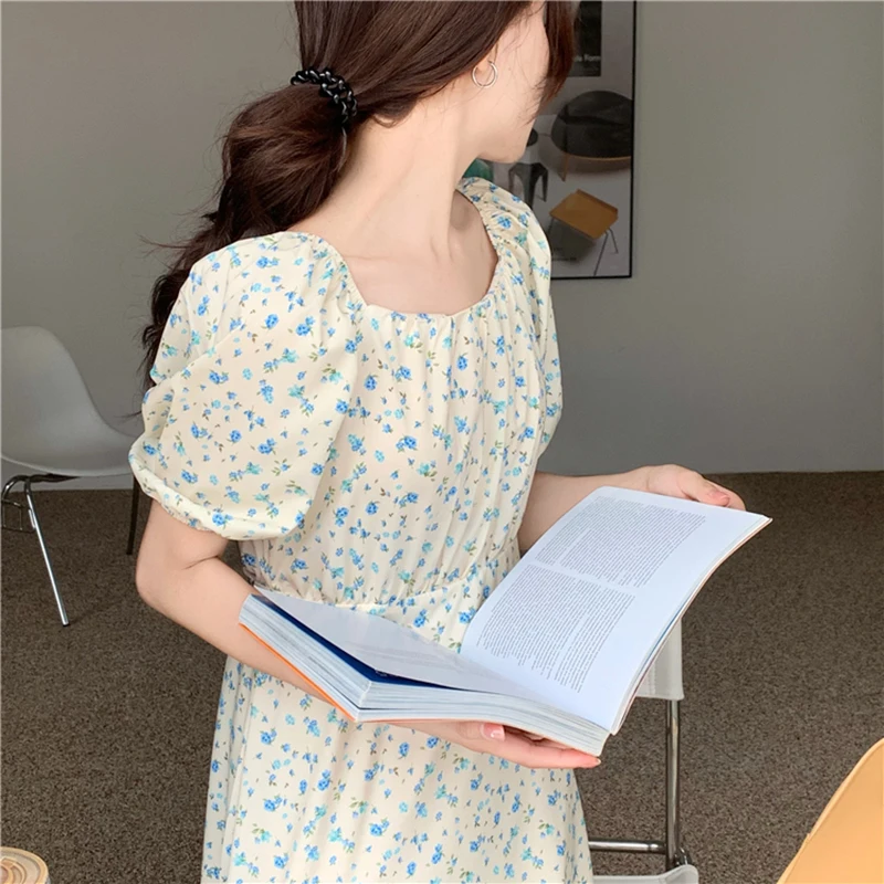 

COIGARSAM Casual Floral Print Women dress Puff Sleeve High Waist Dresses 6497