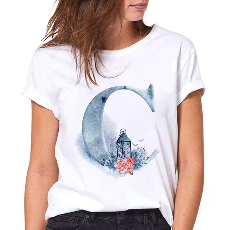 

Summer Ladies T-shirt 26 Alphabet Flowers C Print women Tshirts Harajuku Casual White Female Tops Tees Casual tshirt women 2021