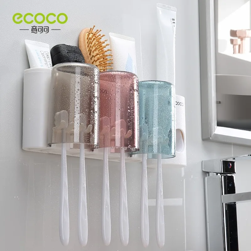 ecoco multifunctional toothbrush holder with cups toothpaste dispenser wall mount storage rack tools set bathroom accessories free global shipping