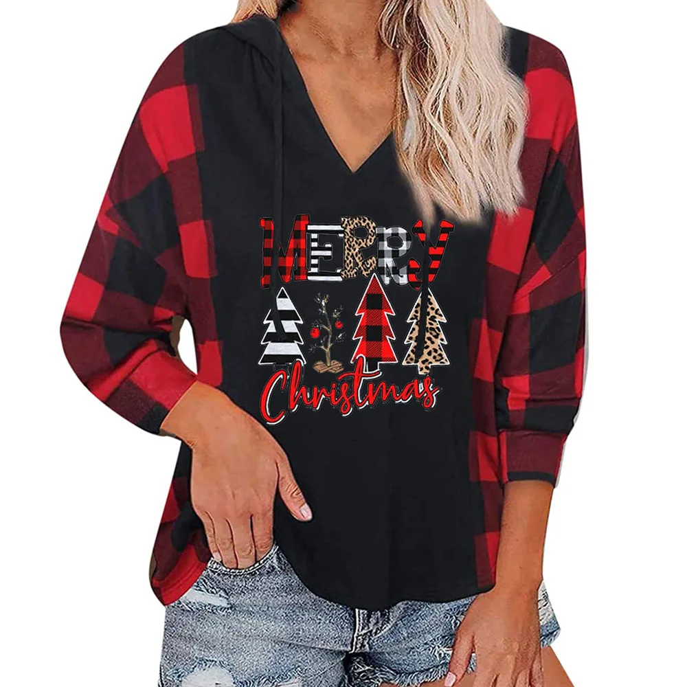 

Модные женские толстовки с капюшоном с принтом рождественской елки, клетчатый пуловер, женская одежда