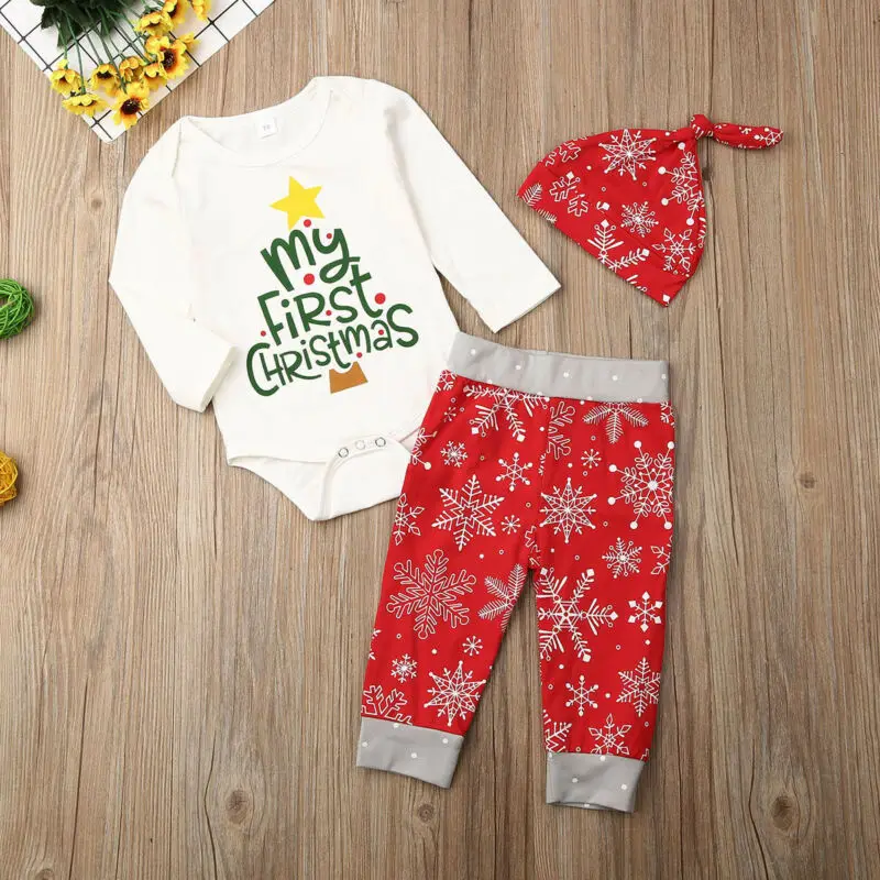 My first christmas/Одежда для маленьких девочек одежда со снежинками для новорожденных девочек комбинезон топы, штаны с цветочным рисунком Набор рождественских костюмов, 3 предмета