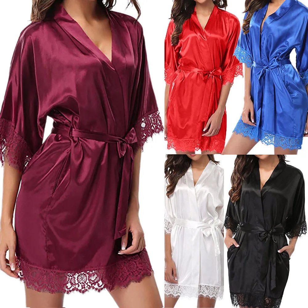 

Lace Satin Kimono Robes With Belt Women Solid Long Sleeve Bathrobe Pajamas Dressing Gowns Bride Wedding Nightgown Spa A51