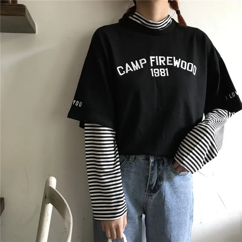 black Women's T-shirts Tunic Kawaii Ladies Vintages Triped Long Sleeve T-shirt Female Ulzzang Harajuku Tee For Women Casual Top - Color: black
