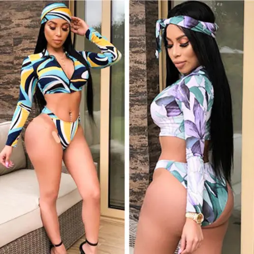 

Sexy Vrouwen Pakken Lange Mouwen Bloemen Rits Bikini Set Hoofdband Zomer Strand Badpak