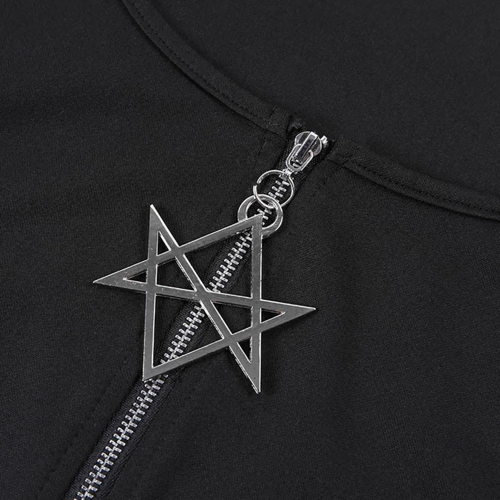 

Sexy Summer Tees For Women T-shirts Punk Gothic Pentagram Zipper Design Tops Goth Clothes Black Fashion Female Short T Shirt New