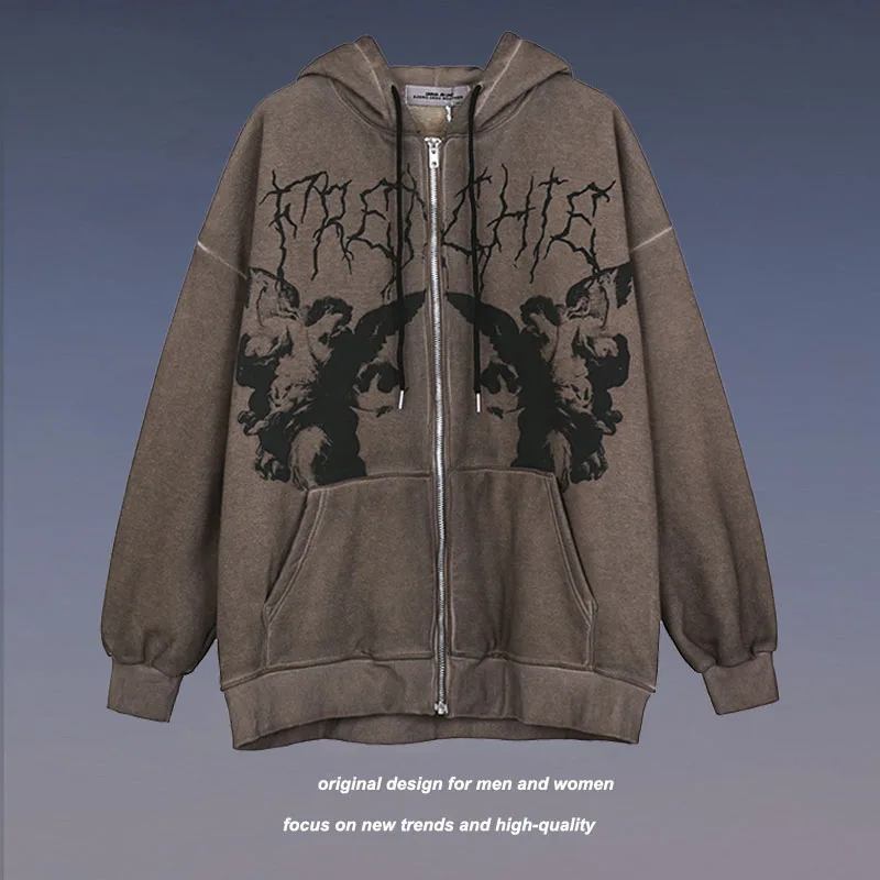 

Men's hip-hop street hoodie Gothic angel dark print zipper jacket jackets Harajuku plus cashmere men's and women's punk jackets