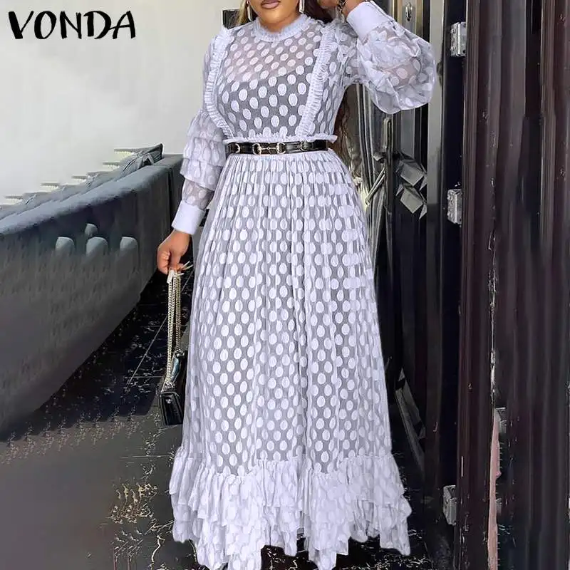 

VONDA Women Sexy O Neck Lace Ruffled Hem Long Maxi Dress Vintage Polka Dot Pleated Puff Sleeve Vestido Ladies Longue Robes Femme